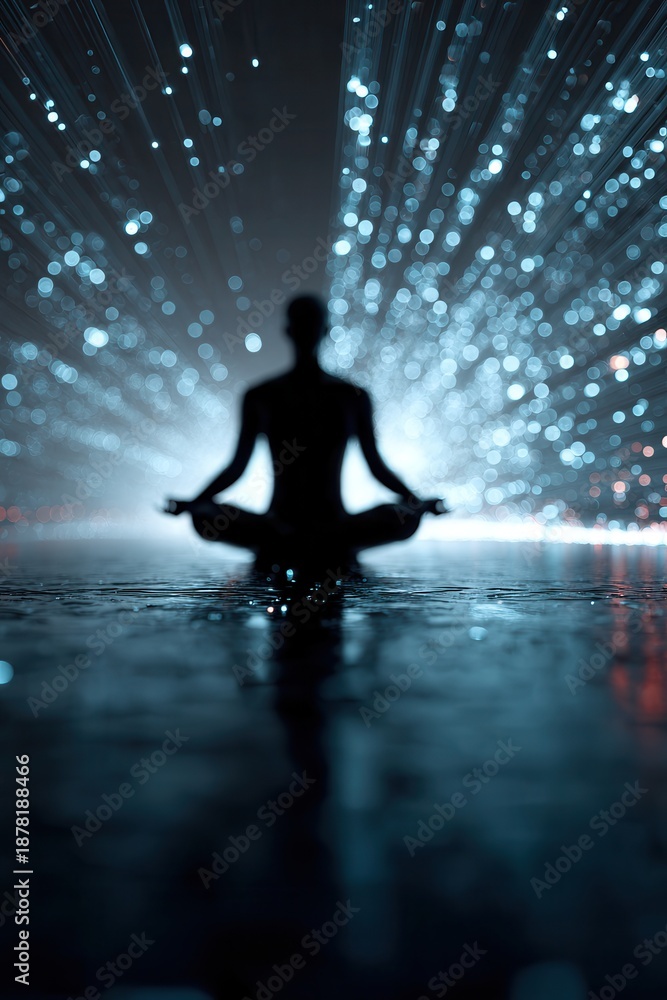 Fototapeta premium Silhouette meditating in glowing fiber optic tunnel