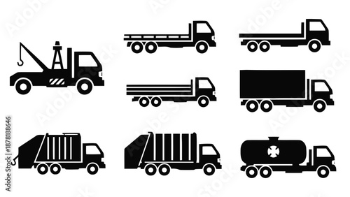 Vector illustration of various types of commercial and industrial trucks on transparent background