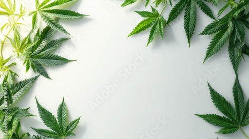 Indoor cultivation-inspired botanical still life emphasizing cannabis foliage with clean layout and subtle glow