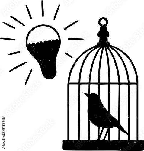 Bird in Cage with Light Bulb Symbolizing Ideas