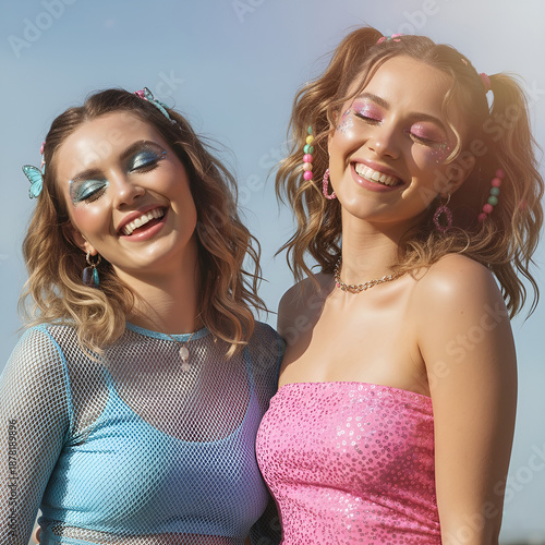 Two girls dressed and made up in the style of the 2000s, laughing under the rays of the warm summer sun