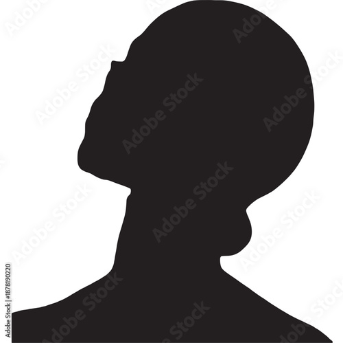 Minimalist black silhouette of a person's head and shoulders looking up isolated on a clean white background conveying