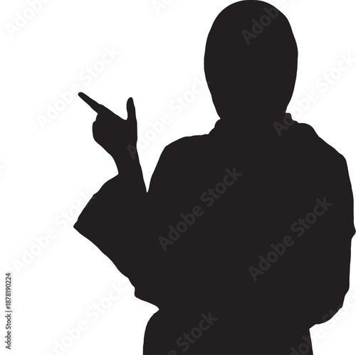 Silhouette of a person in a loose robe pointing with index finger isolated on white graphic illustration conceptual