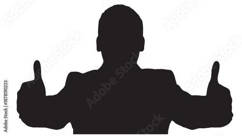 Silhouette graphic of a confident businessman in a suit giving two thumbs up with a positive gesture against a clean