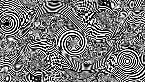 Black and white optical illusion pattern with swirling shapes and lines
