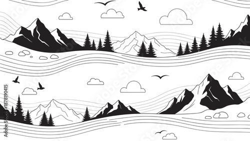 Black and white mountain landscape with trees and birds flying