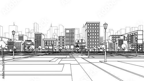 Cityscape illustration with buildings and street lamps