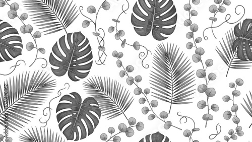 Black and white illustration of tropical leaves and berries