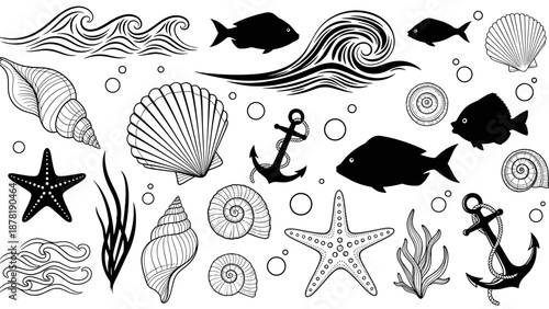 Black and white sea creatures and ocean elements