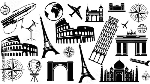 Black and white travel icons on with landmarks and symbols