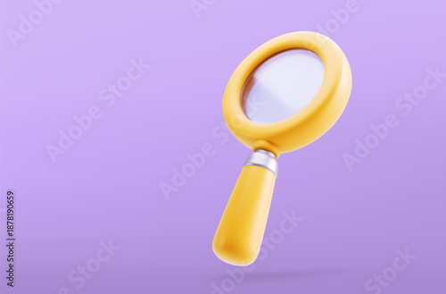 Yellow magnifier, magnifying glass with handle. Discovery, research, search, analysis concept. 3d vector icon. 