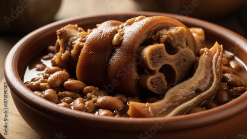 Traditional Pig Trotter Bean Stew in Clay Bowl, Rustic Close-Up