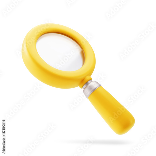 Yellow magnifier, magnifying glass with handle. Discovery, research, search, analysis concept. 3d vector icon. 