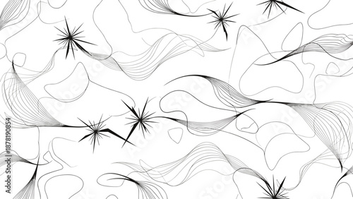 Black and white abstract illustration with swirling lines and starbursts