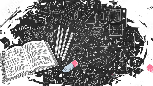 Blackboard with math equations and school supplies