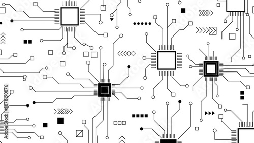 Black and white circuit board design with various electronic components