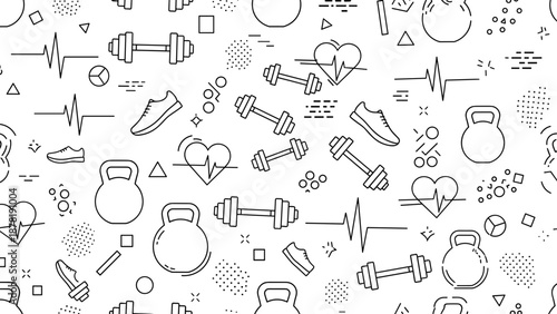 Black and white seamless pattern of fitness icons