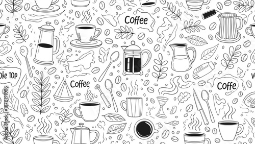 Black and white coffee seamless pattern with various coffee related objects
