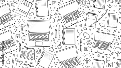 Black and white illustration of laptops and office supplies scattered around