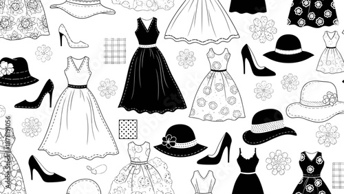 Black and white fashion illustrations of dresses and accessories