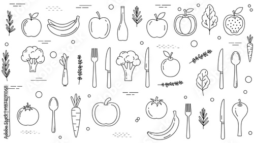 Black and white line drawing of various food and cutlery icons