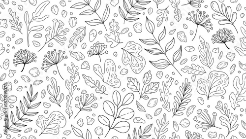 Black and white leaf pattern with various plants and flowers