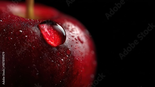Dew-kissed red fruit skin against a dark velvet backdrop, macro shot