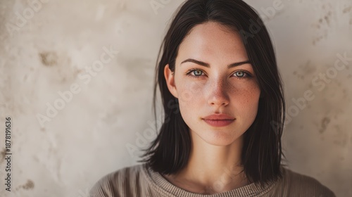 Close-up head-and-shoulders shot of a composed young woman in casual wear by a light stone wall