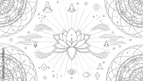 Black and white line art mandala design with lotus flower