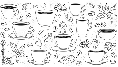 Black and white illustration of coffee cups and beans