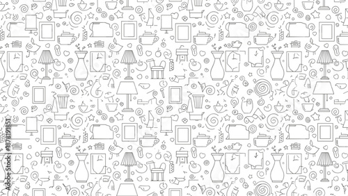 Seamless pattern of various office supplies and furniture in black and white