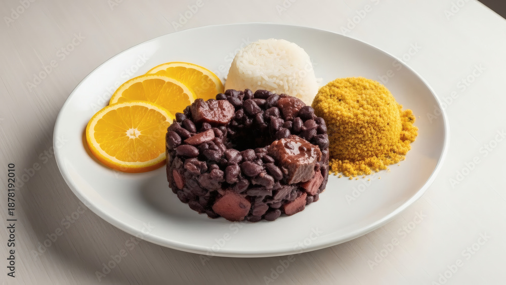 Obraz premium Feijoada Stew With Rice And Farofa On Modern Editorial Plate