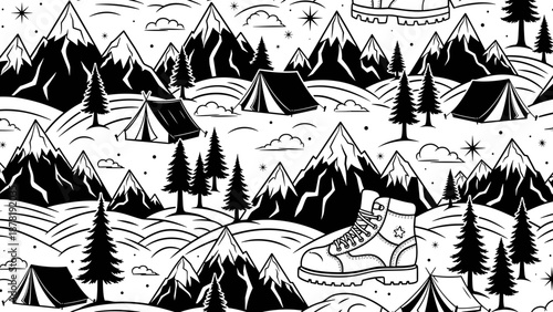 Black and white illustration of camping in snowy mountains with ice skate