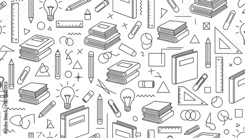 Black and white illustration of various school supplies and education icons