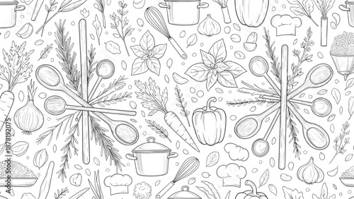 Black and white kitchen utensils and food seamless pattern design