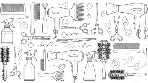 Collection of various hairdressing and barber tools and accessories