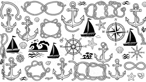 Nautical icons including anchors, ships, and steering wheels