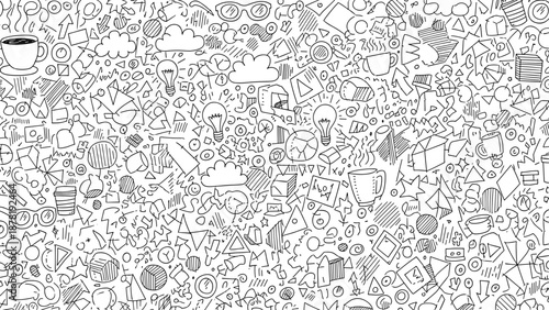 Black and white doodle icons background with various objects and symbols