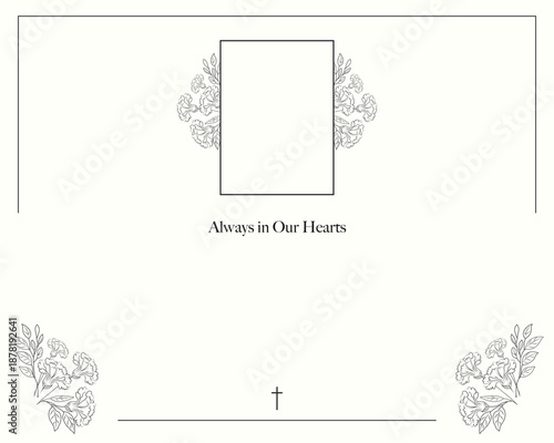 Funeral card with carnations and text space. Photo frame
