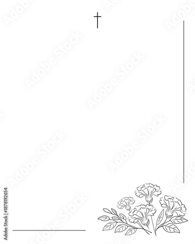 Funeral card with text space and white background. frame with flowers
