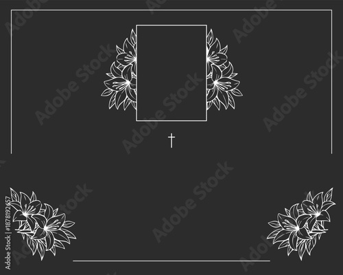 Funeral invitation with photo frame and lilies. Black background. 