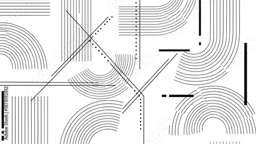 Black and white abstract geometric pattern with lines and shapes