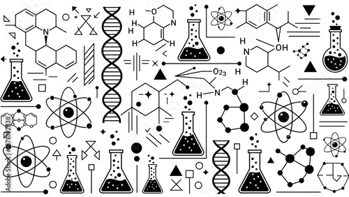 Black and white chemistry science icons and symbols