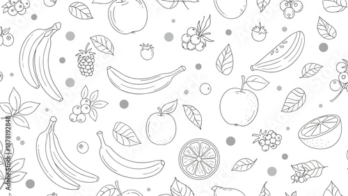 Black and white illustration of various fruits and leaves