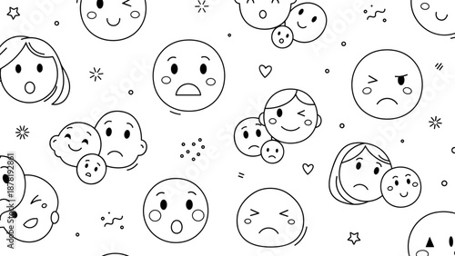 A variety of cartoon faces with different emotions