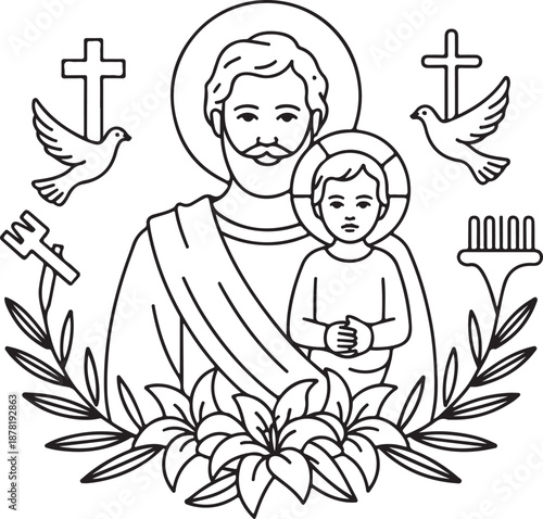 Saint Joseph and Child Jesus Minimalist Line Art with Crosses Lilies and Doves