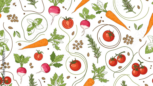 Colorful vegetable pattern with tomatoes carrots and onions