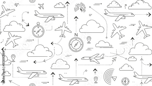 Black and white airplane travel icons on with clouds
