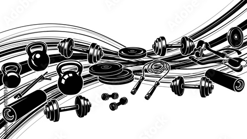 Black and white illustration of various mechanical parts and tools