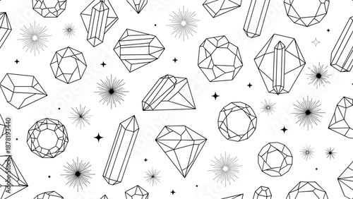 Black and white illustration of various gemstones and stars